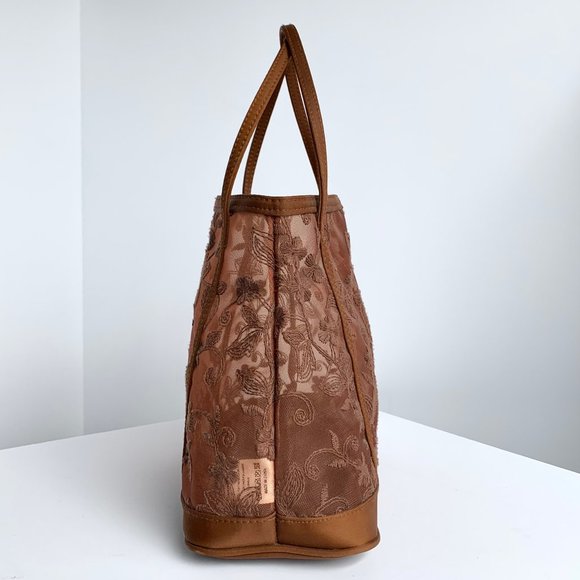 Vintage vegan boho cognac brown mesh embroidered top handle satchel bag - Picture 6 of 7